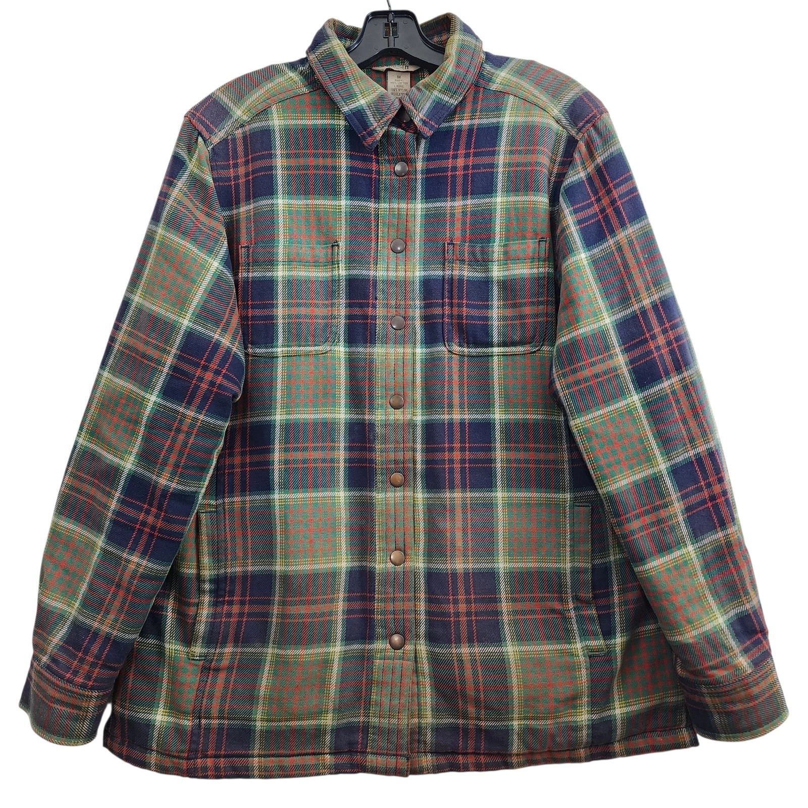 DULUTH Trading Shirt Mens Medium Blue Green Plaid Flannel Quilted Snap Outdoor