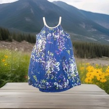 CHARMING CHARLIE Dress  Size Medium Blue Floral Swing Shift Dress Silver Trim