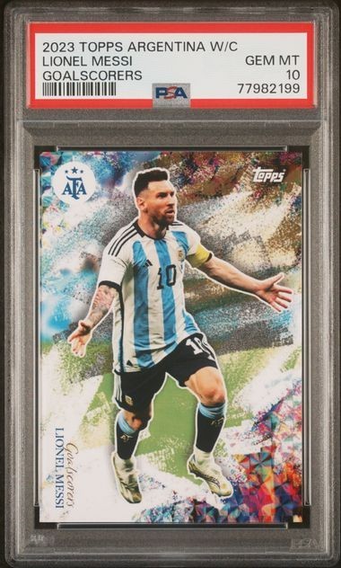 2023 TOPPS ARGENTINA WORLD CHAMPIONS LIONEL MESSI GOALSCORERS PSA 10