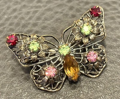 Vintage Czech Filigree and Fruit Salad Rhinestone Butterfly Brooch Pin
