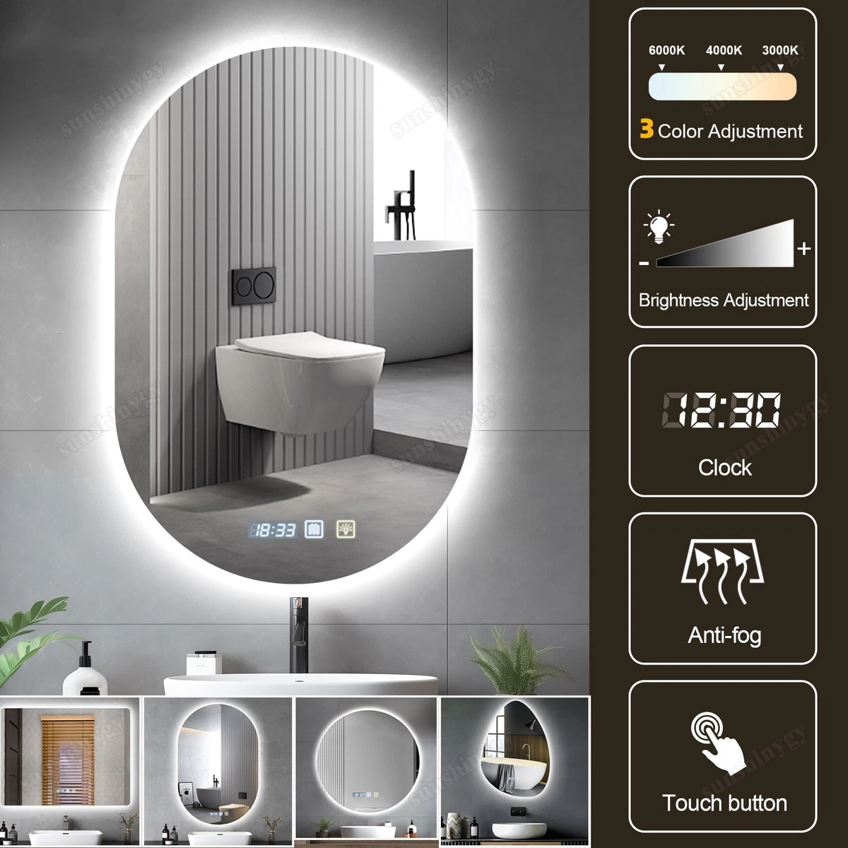 Badspiegel mit LED Beleuchtung Touch+Beschlagfrei/Bluetooth/Uhr LED Wandspiegel