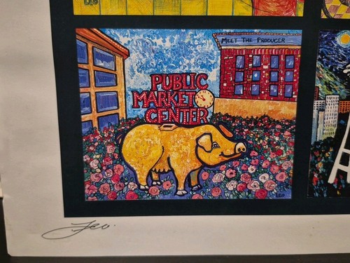 Signed Leo Ardo Print Collage 4 Scenes from Seattle, WA: Space Needle Starbucks - Picture 5 of 7