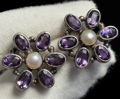 925 Sterling Silver Amethyst & Pearl Flower Drop Earrings BJC Samuel Benham VTG