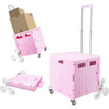 Honshine Pink Foldable Cart With Stair Climbing Wheels Collapsible Rolling Crate