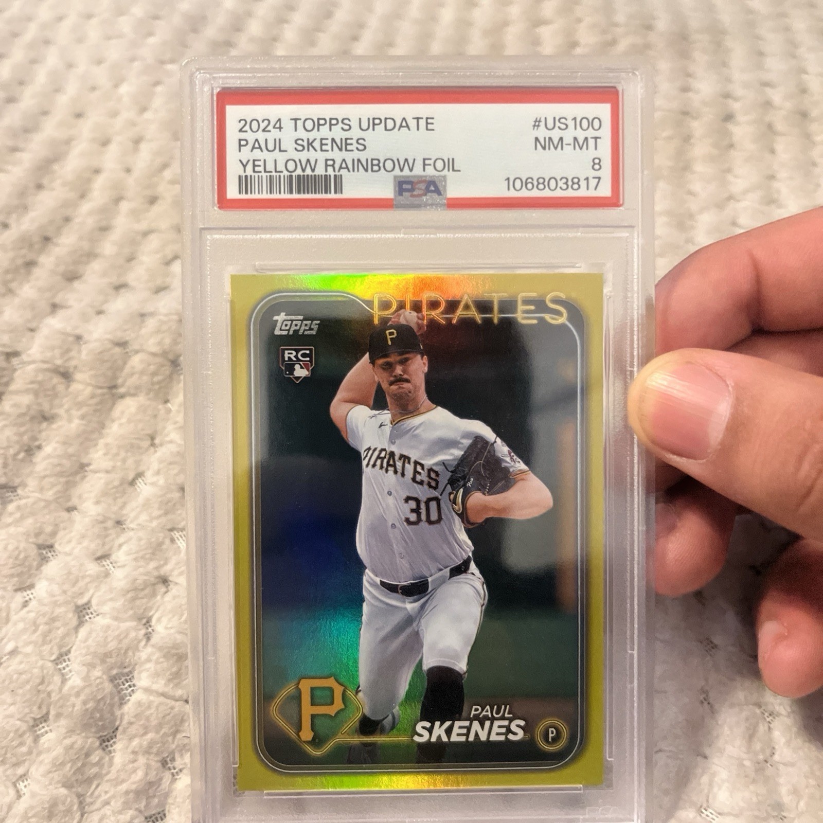 2024 Topps Update Series - Paul Skenes #US100 Yellow Rainbow Foil (RC) PSA 8