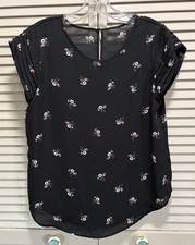 Chiffon Pink/Black Floral Ruffle Short Sleeve Blouse Round/Keyhole Neck Size M