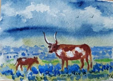 ACEO ORIGINAL watercolor painting - Texas Longhorn bluebonnet   - 2.5x3.5 in MK