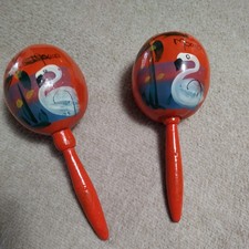 VINTAGE PAIR OF MARACAS ORANGE HAND PAINTED MEXICO