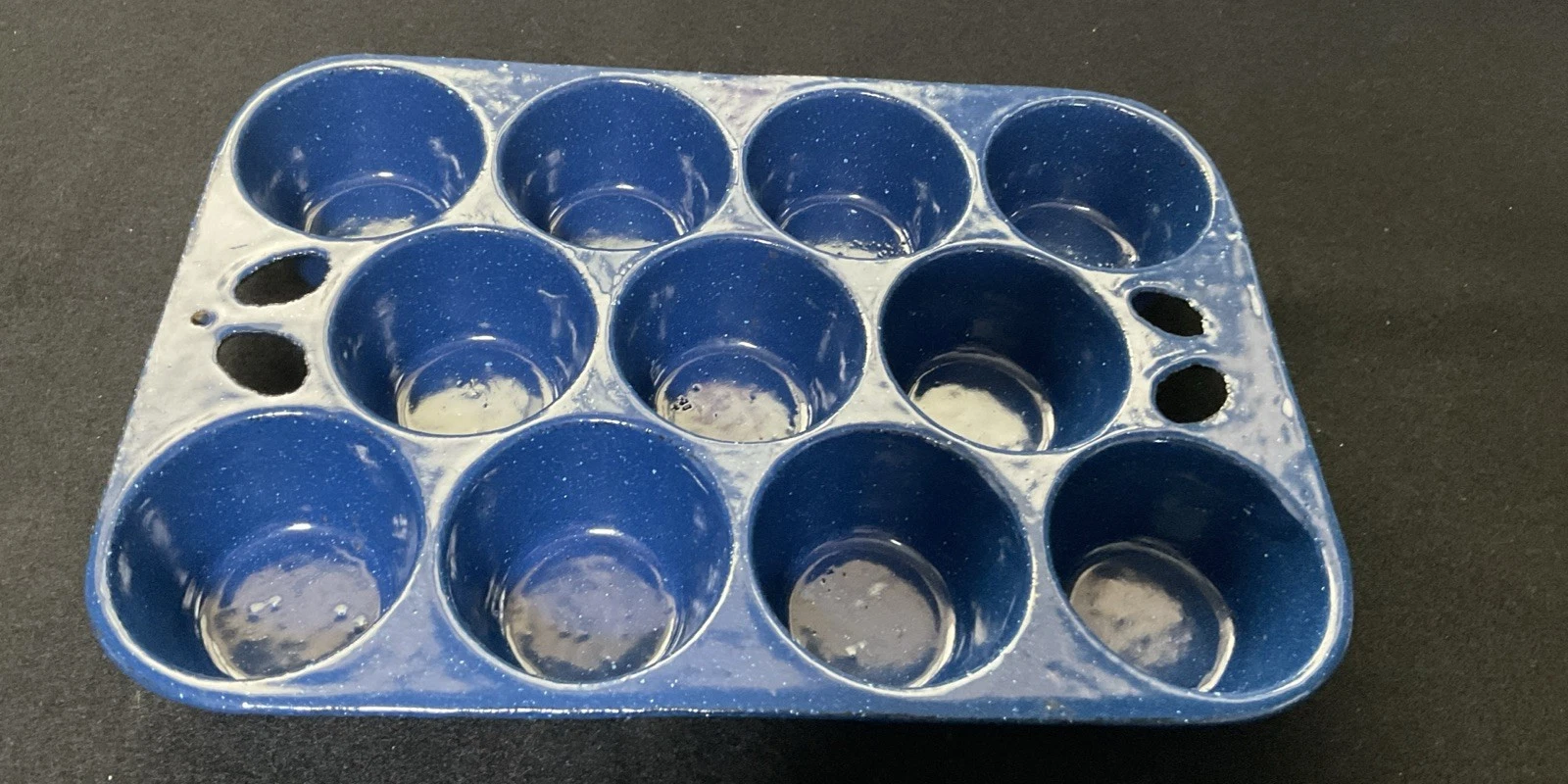 Vintage Blue Enameled Cast Iron Muffin Pan ~ Blue with White Speckles