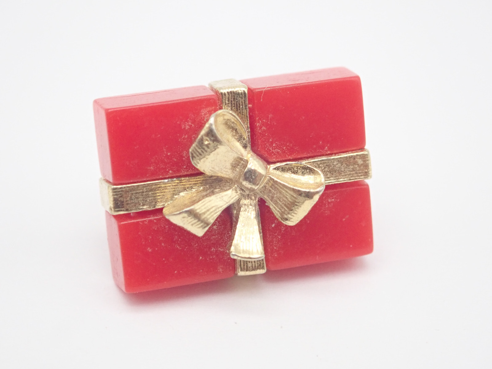 Red Gift with Gold Tone Ribbon Vintage Lapel Pin