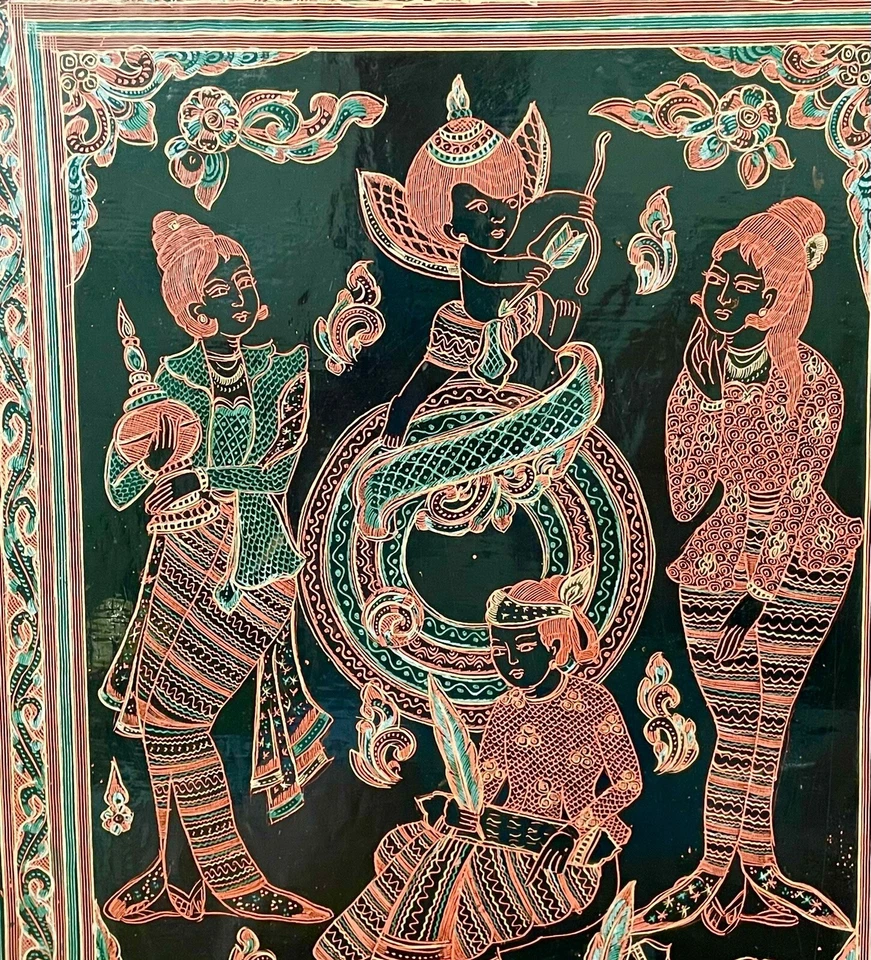 Vintage Burmese Engraved Lacquer Framed Panel. 17x20.5” Palace Garden Scene - Image 2 of 4