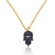 Blue Sapphire Gemstone 925 Silver Religious Hamsa Hand Design Charm Necklace