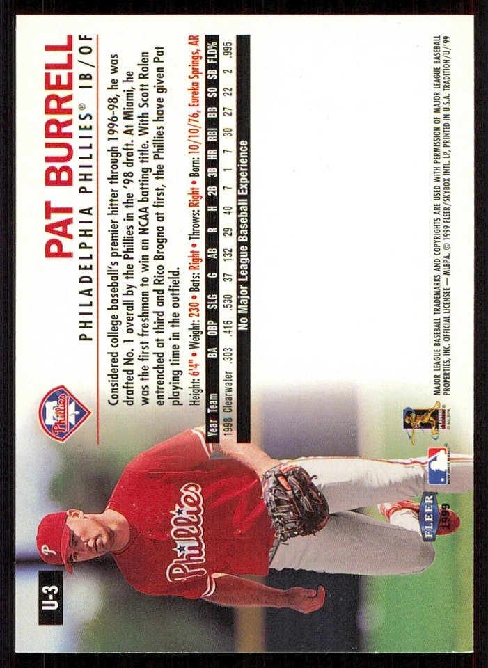 1999 Fleer Tradition Update #U3 Pat Burrell RC - Image 2 of 2