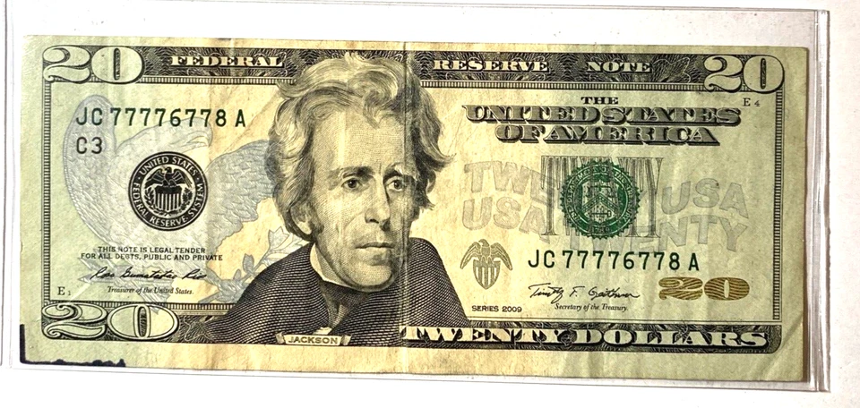 2009 Twenty Dollar Bill $20 Note Fancy 7's Serial Number (6) 7's Repeater - Image 2 of 4