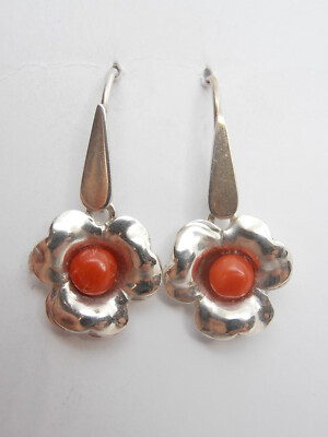 925 Silver and Natural Red Coral Flower Pendant Earrings - Flower