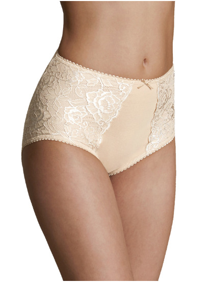 Ex M&S Cotton Rich Firm Tummy Control Lace Panel Full Knickers Nude / White  UK 8