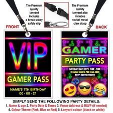 GAMER THEME LANYARD VIP PASS, Emoji, Birthday Party Invitation, Personalised