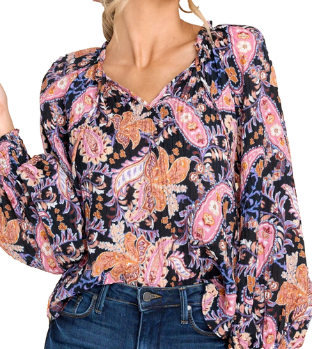 MinkPink Paisley Floral Top Tie-Neck $119 Size XS Boho Flowy Long Sleeve NEW