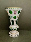 Vintage Bohemian Czech Milk Glass Cut to Green 9 1/2” Vase w/Flowers & Gilt Trim