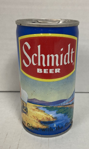 Schmidt can yellow band covered wagon and train scene