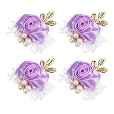 4pcs Wrist Corsage Artificial Flower Bracelets Rose Decorative 7cm Light Purple