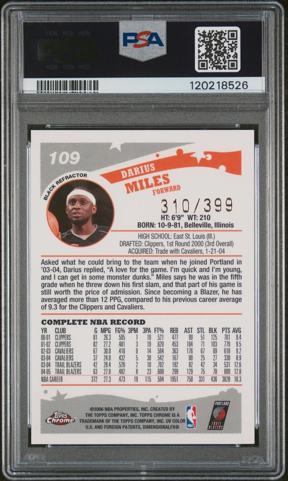 2005 TOPPS CHROME BLACK REFRACTOR #109 DARIUS MILES 310/399 PSA 8 - Image 2 of 2