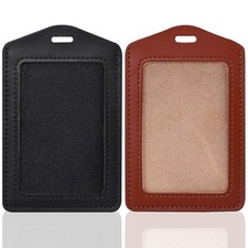 2 Pack Genuine Leather Vertical ID Badge Holders with Single-Side Clear Window