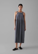 Toast Cotton Linen Pinafore Dress Size 16 Blue Midi Twill Gathered Waist Apron