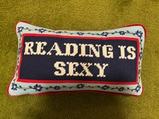 NWOT “Reading is Sexy" Rectangular  Needlepoint Pillow, Zippered Back, Flowers