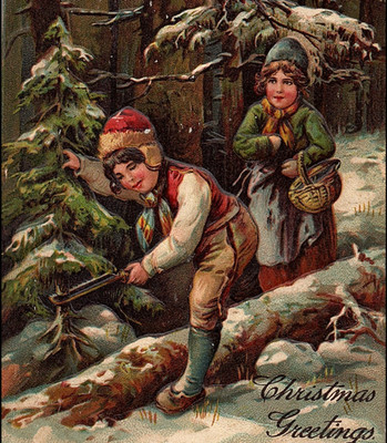 C1910 Cute Children Cutting Down Christmas Tree in Woods W/ Saw Antique Postcard