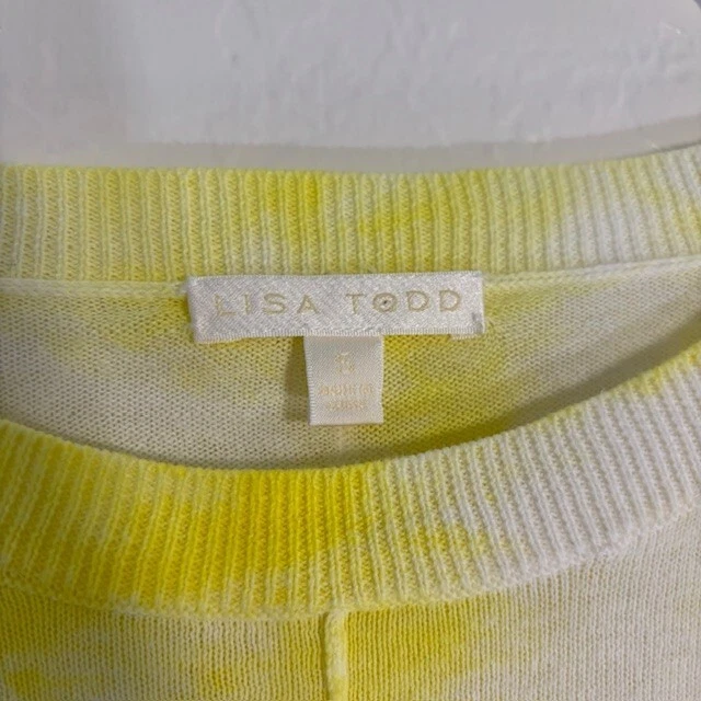 Suéter Lisa Todd Mujer Pequeño Pullover Crew Algodón Lino Amarillo Teñido Blanco Foto 3 de 4