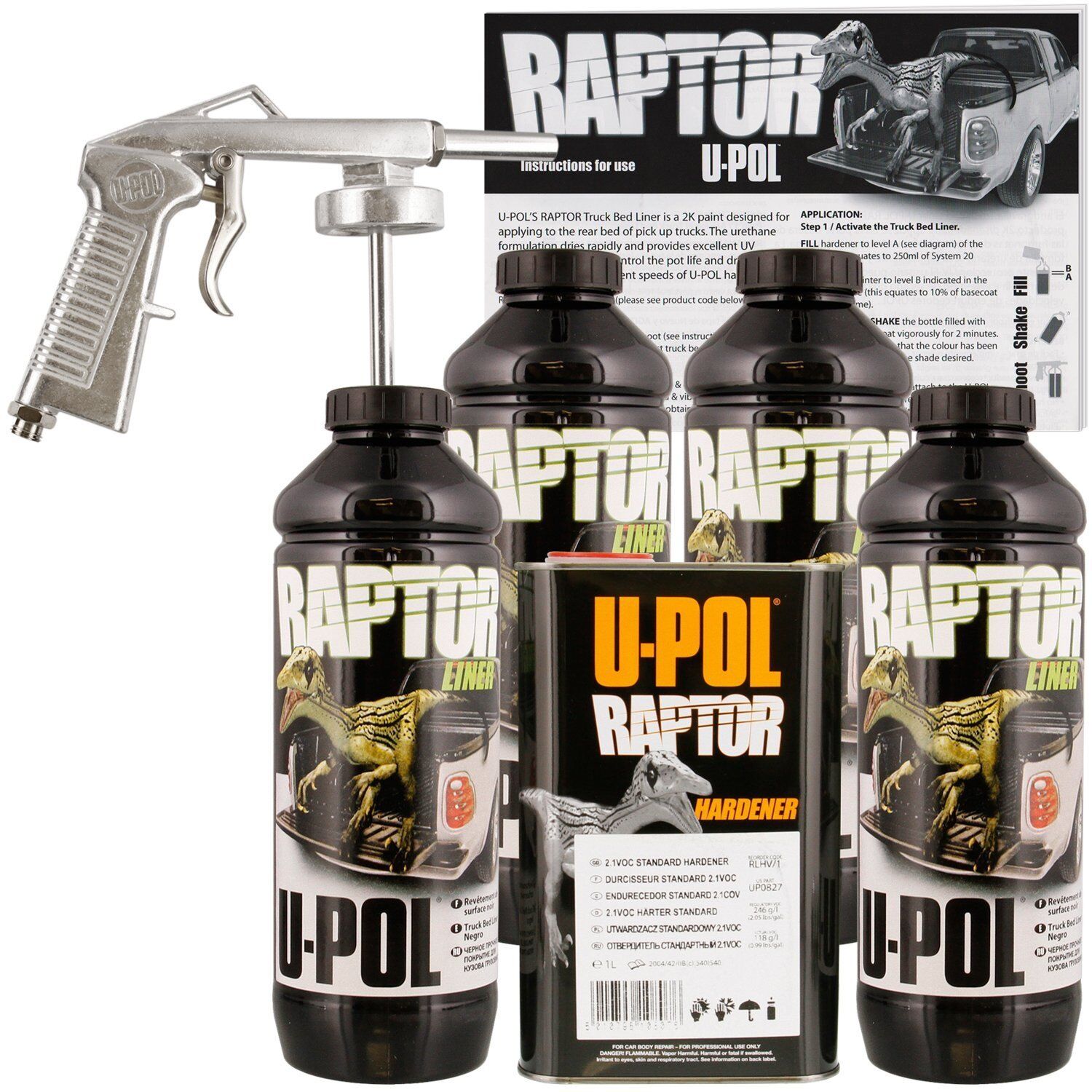 U-POL Raptor 821 Tintable Truck Bed Liner Kit w/ Spray Gun, 4L Upol