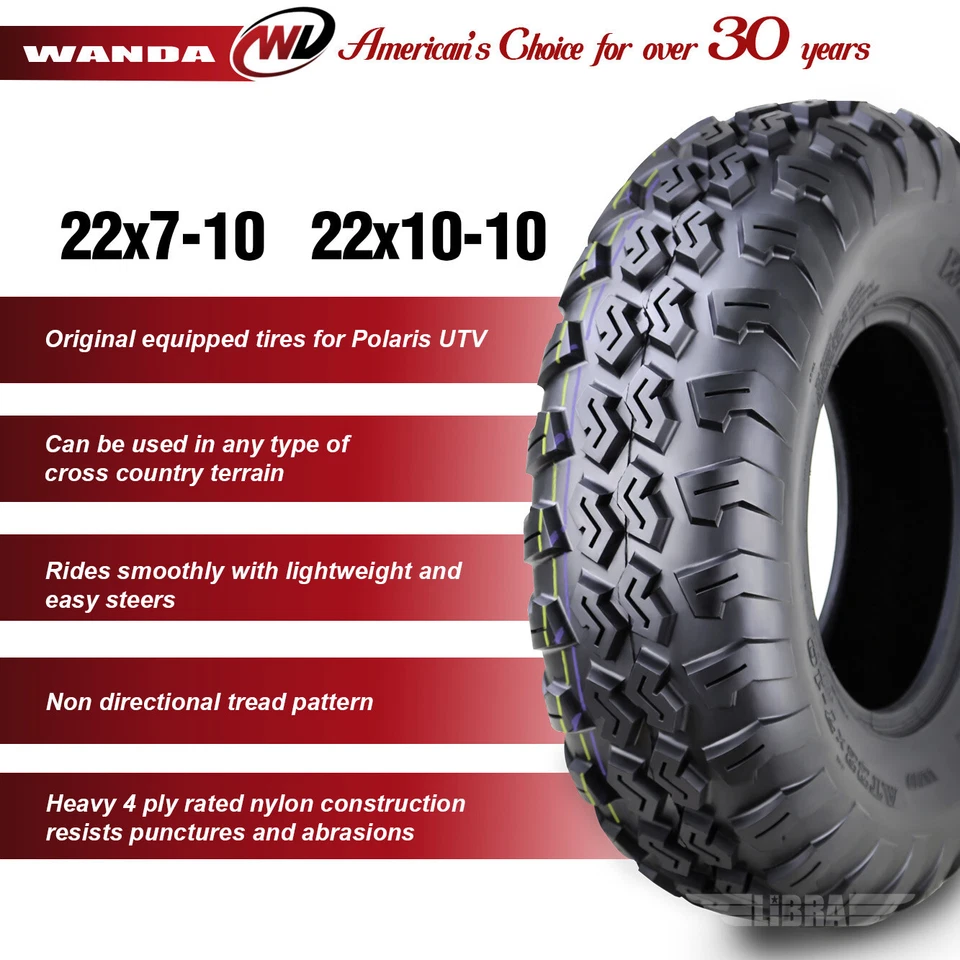 Set 4 WANDA UTV ATV Tires 22x7-10 & 22x10-10 Yamaha Timberwolf 250 Beartracker - Image 3 of 4