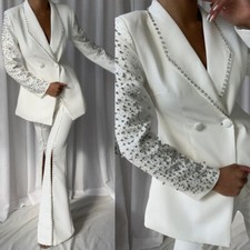 Luxury Rhinestone Business Women's Suits Shawl Lapel Double Breasted Jacket Pant