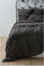 Anthropologie Dark Grey QUILLA Bed Pillow EURO Shams Pleated Cotton Voile NWT