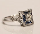 Antique Art Deco 14K White Gold Plated Sapphire Diamond Vintage Engagement Ring