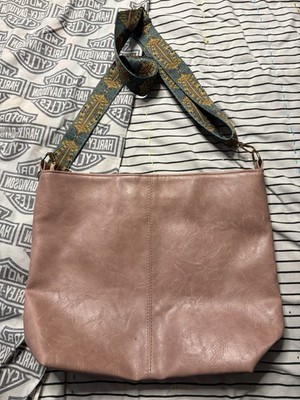 Pink Shoulder Bag with Patterned Strap Zip Closure Zipper Accents Gold Hardware