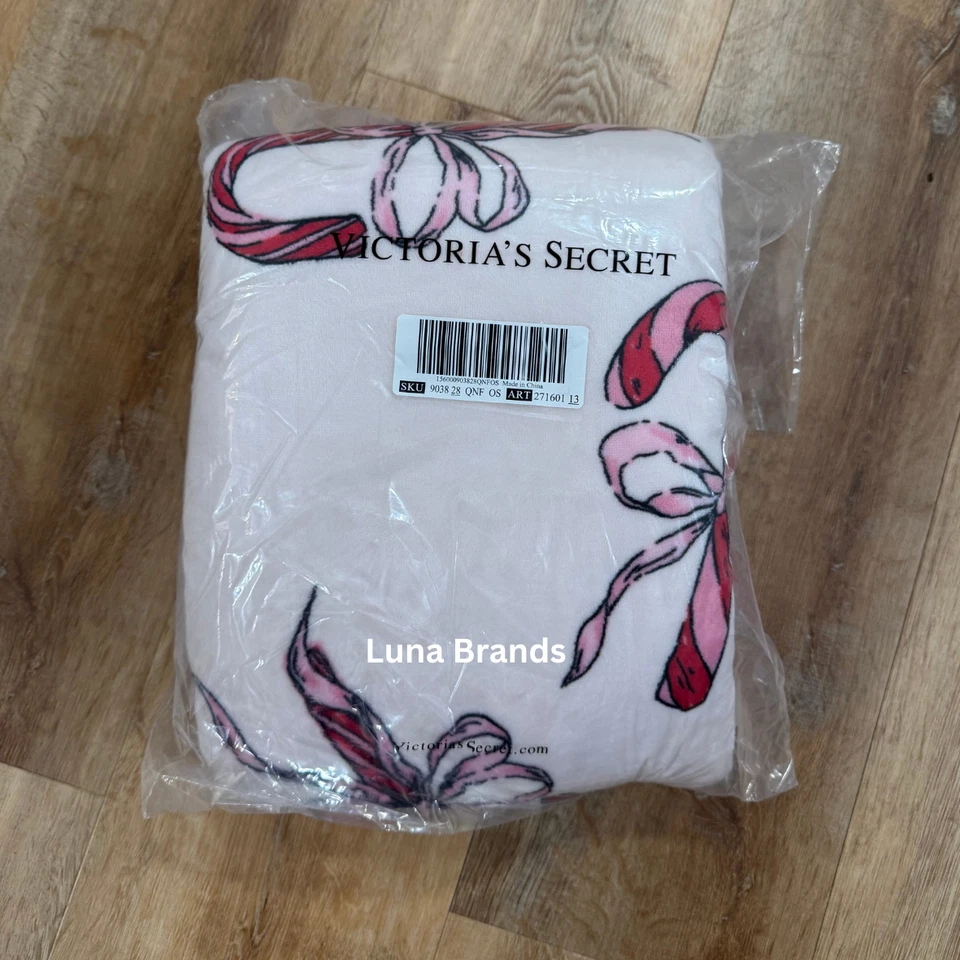 Victoria's Secret 舒适毛绒粉色和红色标志蝴蝶结糖果甘蔗毯 50×60 — 第 4/4 张图片