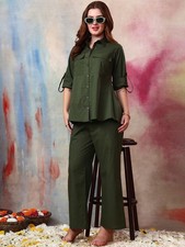 Indian Women Green Cotton Slab Solid Shirt Collar Kurta with Palazzo Co-Ord Set