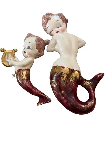 Vintage Mcm Mermaids Wall Hanging Decor Maroon Gold Mom Girl Rare 