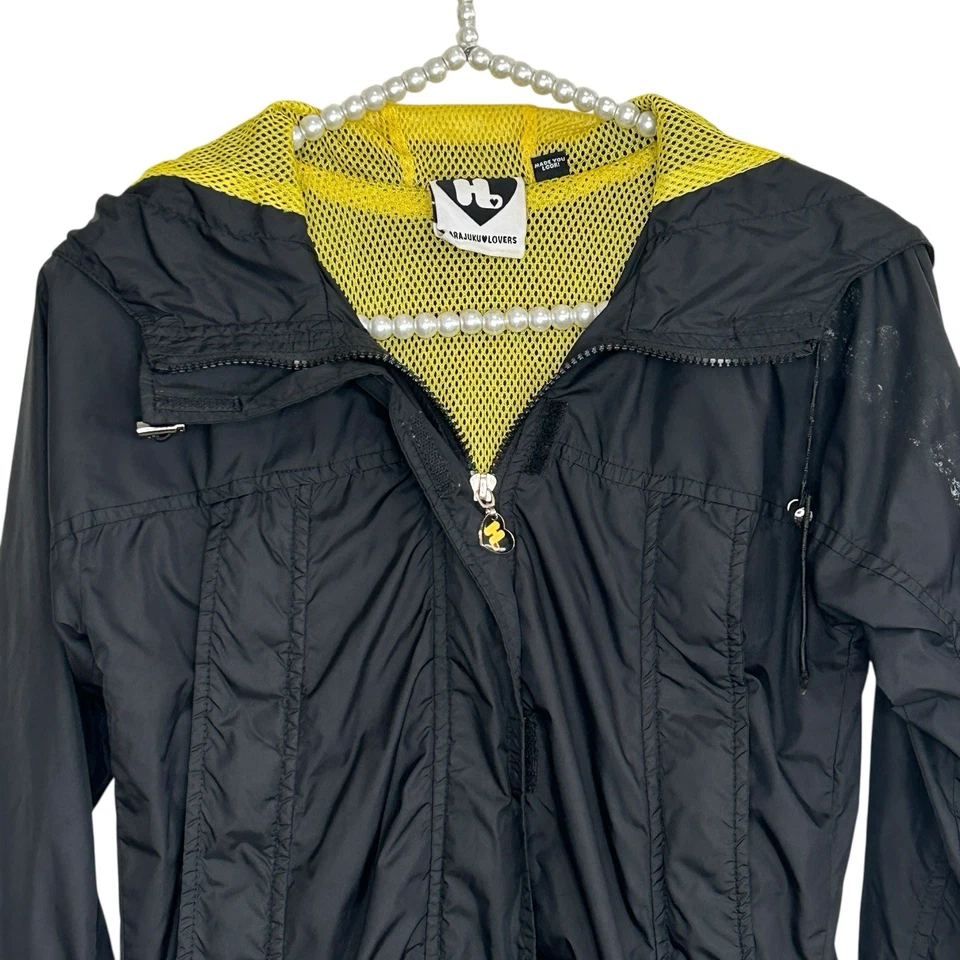 Cortavientos con capucha Harajuku Lovers XS Y2k negro ropa de calle cremallera completa tecnología lluvia Foto 4 de 4