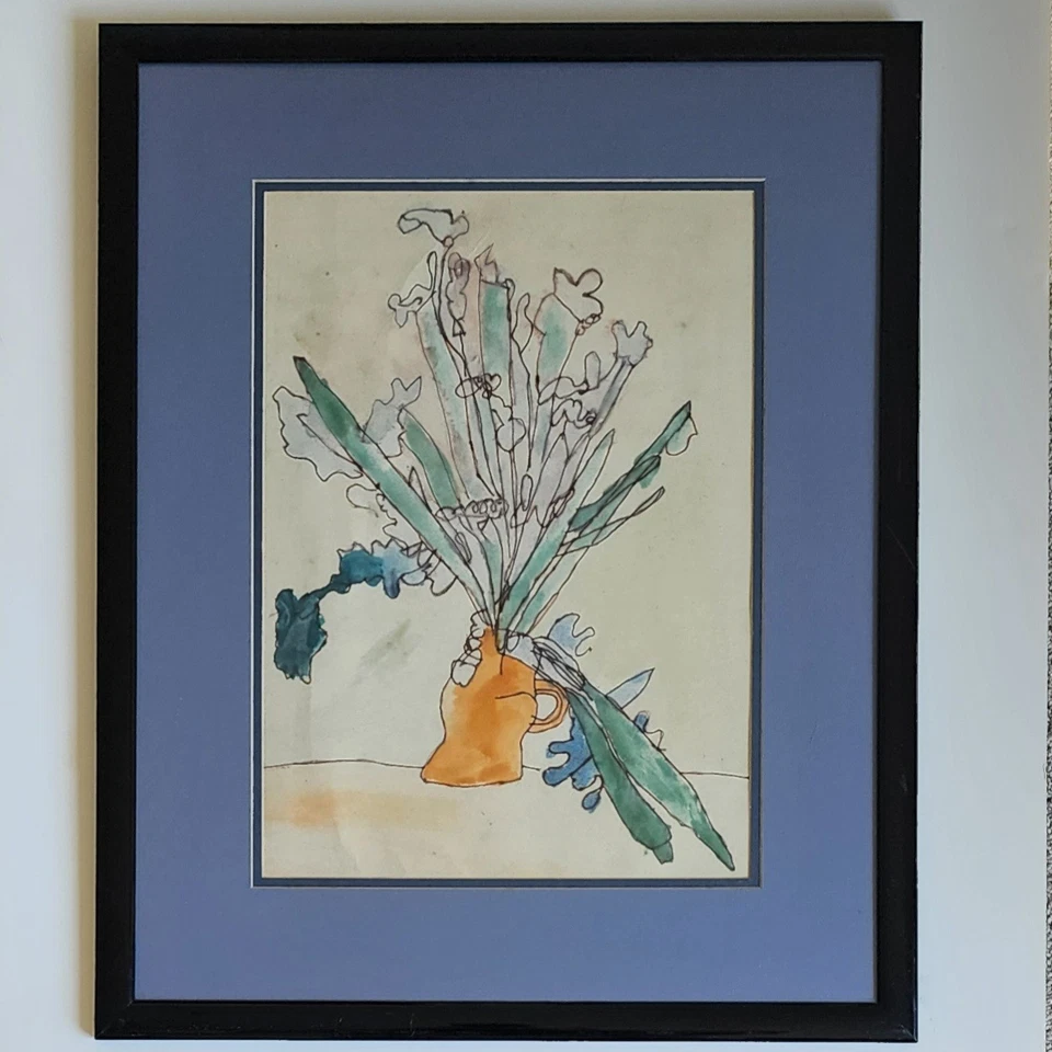 Pintura a tinta aquarela floral abstrata moderna original meados do século arte emoldurada - Imagem 3 de 4