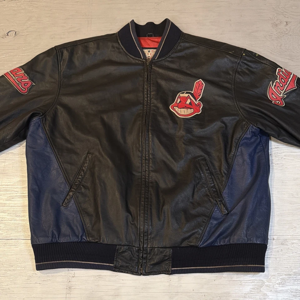 Chaqueta de béisbol de cuero XL Carl Banks Cleveland Indians MLB G-III de colección años 90 Foto 3 de 4