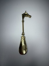 Vintage Brass Horse Head Shoehorn Fleur de lis Handle Equestrian Shoe Tool EUC