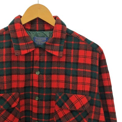PENDLETON 50s Vintage Wool Check Open Collar Shirt XL Red Green 