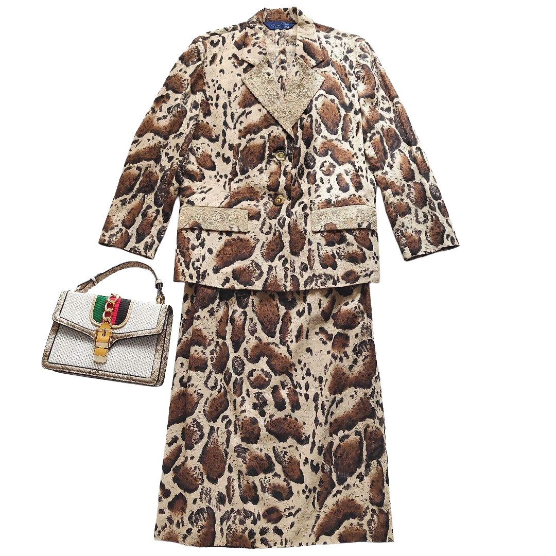 Conjunto de falda chaqueta con estampado de leopardo de lino rayón Madame Bea...