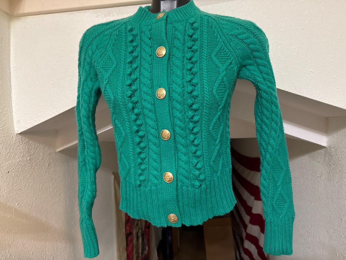 Crew Cable Knit Kelly Green Cardigan SZ XXS Womens Sweater Gold Buttons  BM175