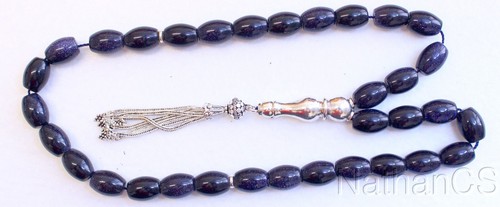 Luxury Prayer Beads Tesbih Large Oval Blue Goldstone & Sterling - Collector's - Picture 3 of 4