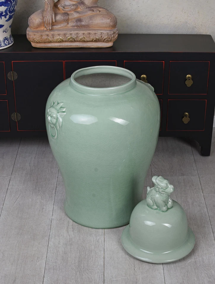 Prunkgefäss Porzellanvase Chinoiserie Deckelvase XXL Löwenköpfe Keramik Amphore - Bild 4 von 4