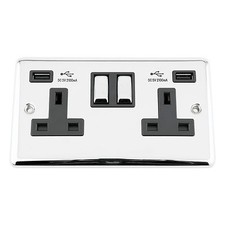 USB Socket 2 Gang - Polishe Chrome Classic - Black Insert Metal Rocker 